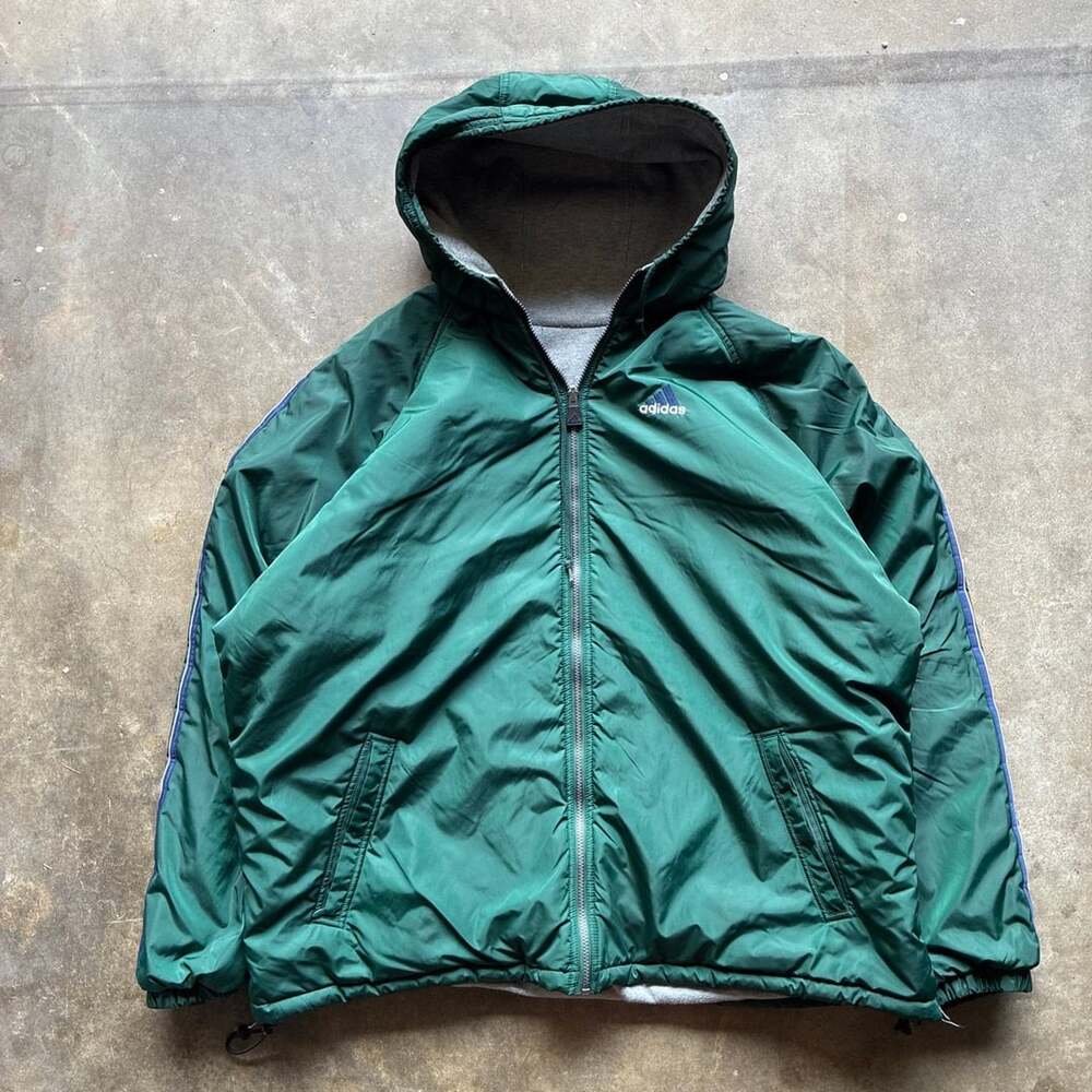 Vintage 1990’s Adidas Reversible Windbreaker Fleece Hoodie Green Gray Jacket